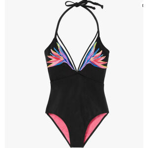 Victoria's Secret Pink Plunge One Piece Swimsuit Black Applique Floral M NWOT